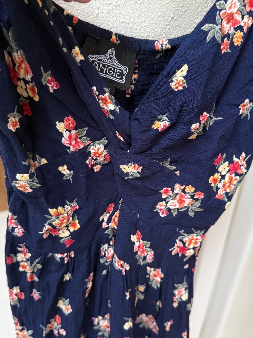 Angie Navy Floral Twist Front Cutout Smocked Midi Dress Large - Picture 3 of 7